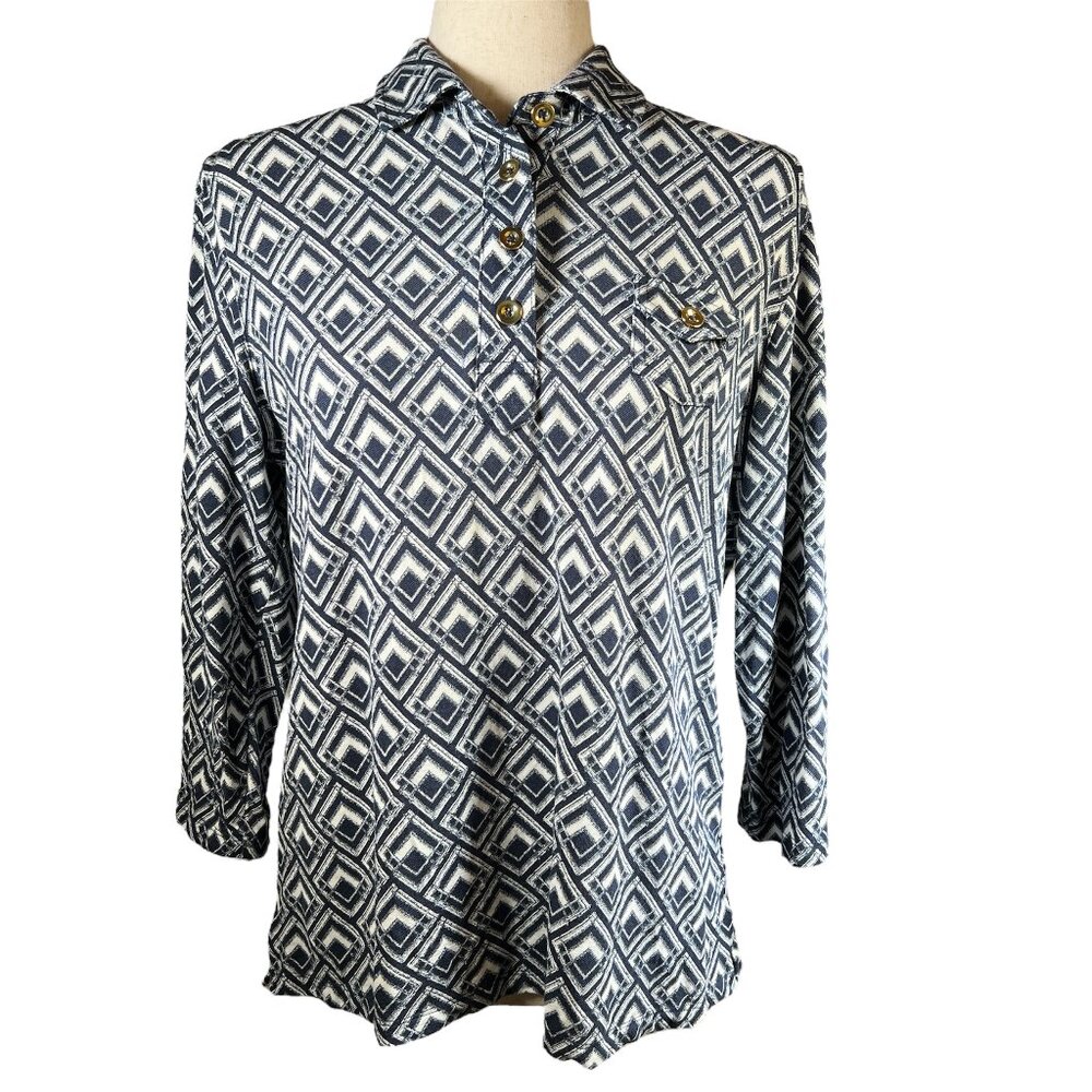 Talbots Women's Top Large Blue White Geometric Gold Buttons Collared 3/4 Sleeves